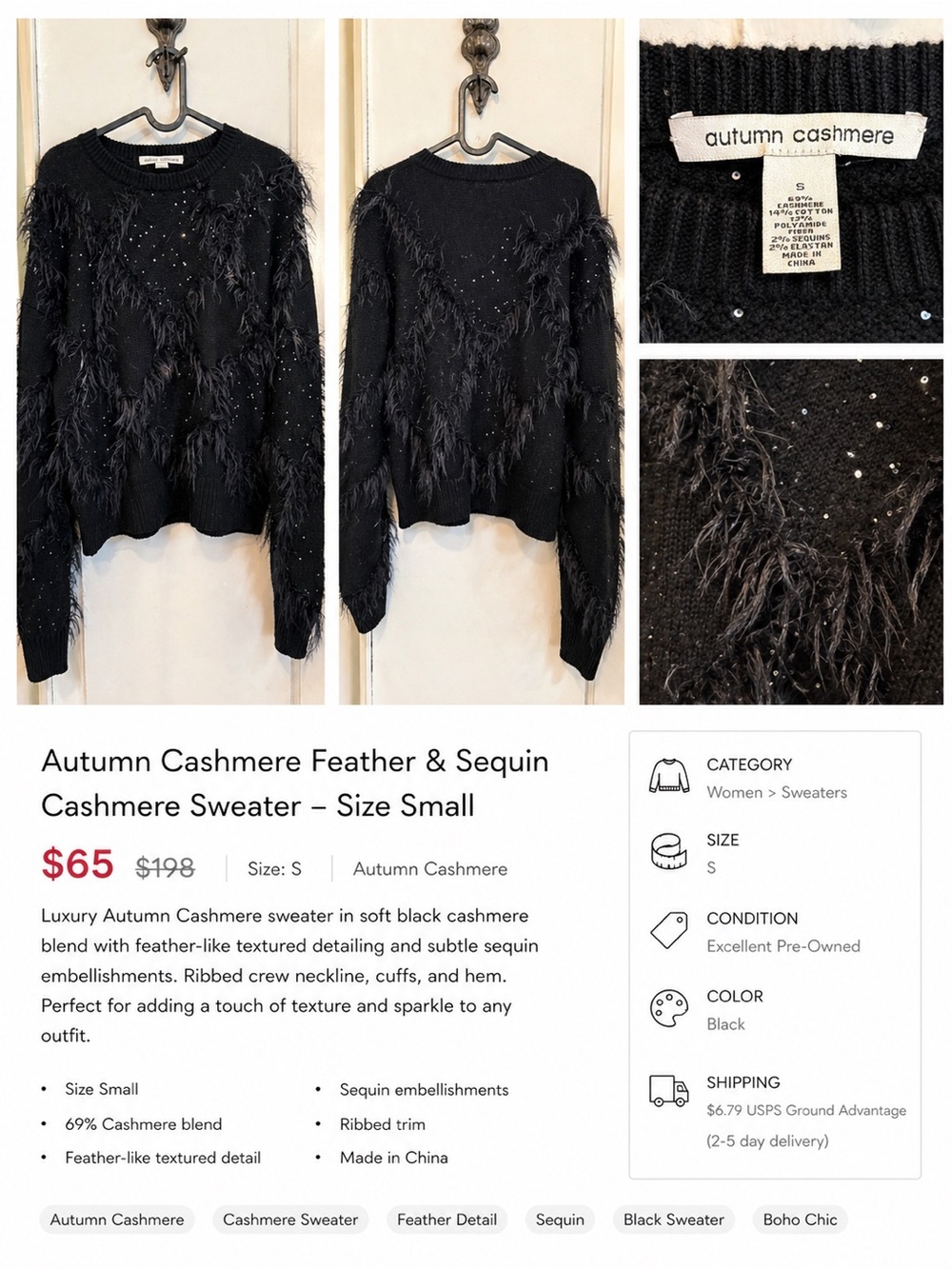 Autumn Cashmere Black Feather & Sequin Crewneck Sweater